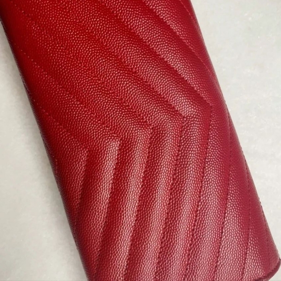 RARE & Auth YSL SAINT LAURENT Long Flap Wallet In Grain Embossed Leather in Red - Picture 8 of 15